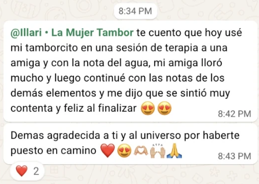 Mensaje de WhatsApp de una participante sobre el uso de su tambor en una sesión